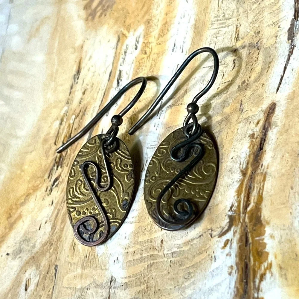 Set/2 Vintage Brass Etched Crystal Earrings